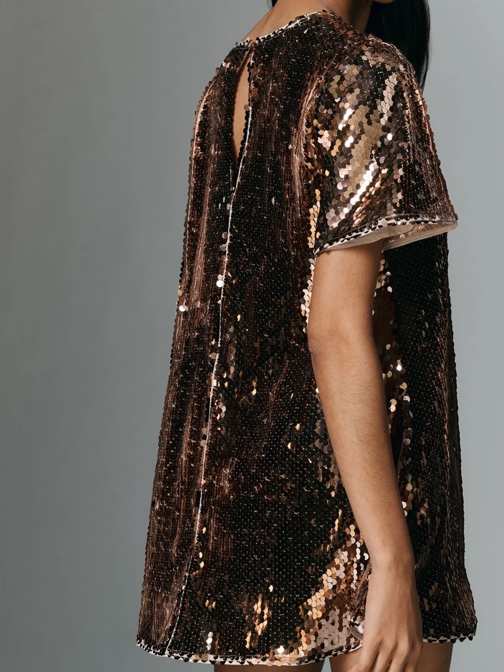 Anthropologie Maeve The Emmy Short-Sleeve Swing Mini Dress in Metallic Bronze - Picture 3 of 4